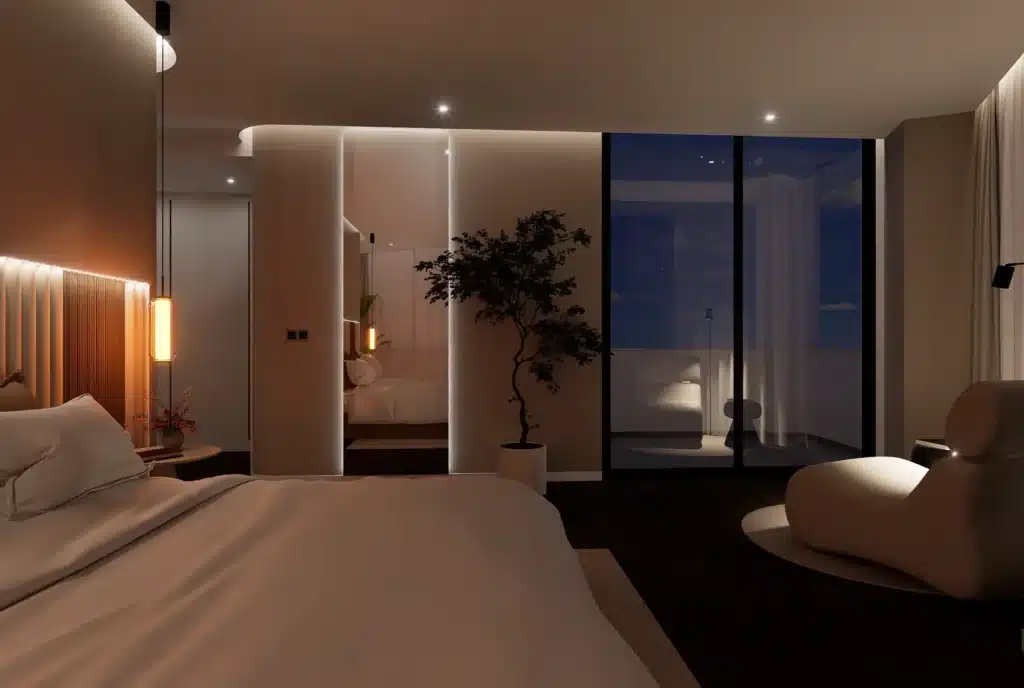 Dise&ntilde;o interior de dormitorio principal de villa en Benalm&aacute;dena