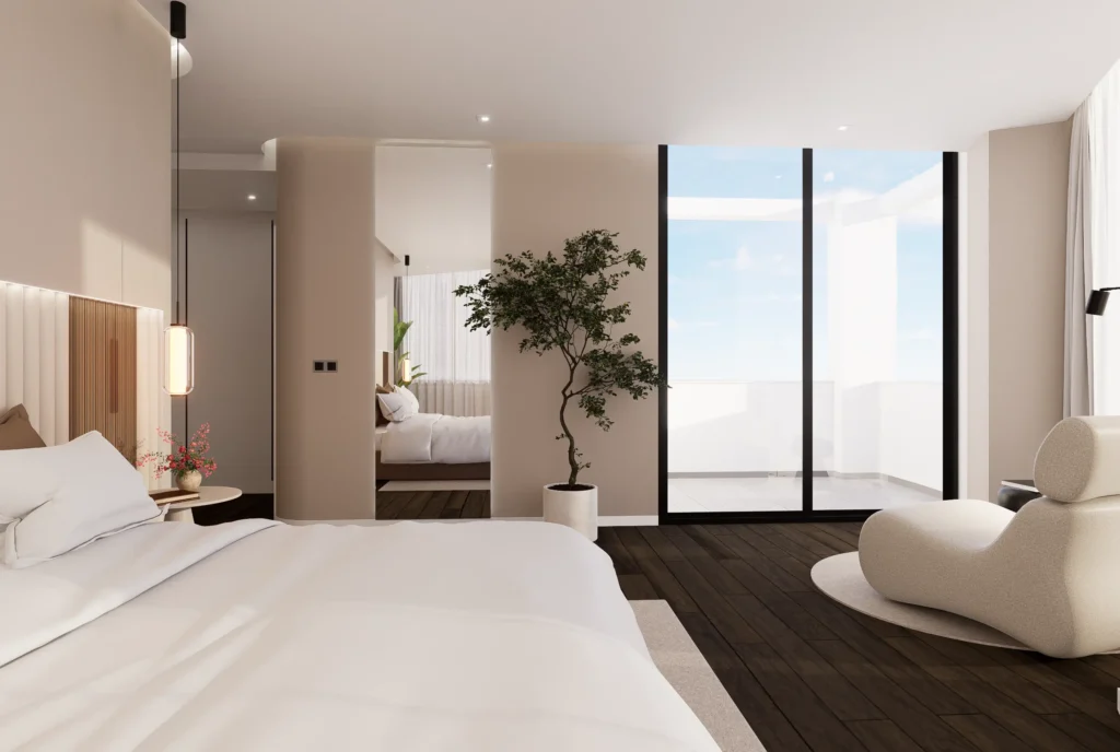 Dise&ntilde;o interior de dormitorio principal de villa en Benalm&aacute;dena