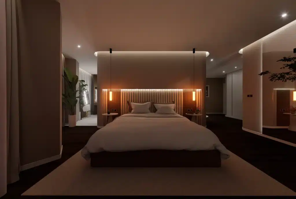 Dise&ntilde;o interior de dormitorio principal de villa en Benalm&aacute;dena