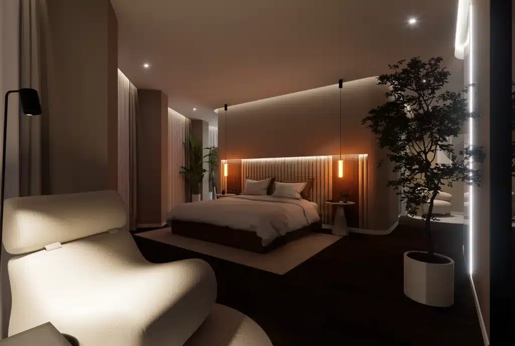 Dise&ntilde;o interior de dormitorio principal de villa en Benalm&aacute;dena